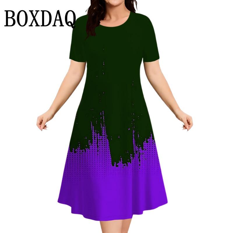 Women Plus Size Summer Dresses 3D Gradient Printed Short Sleeve Loose A-Line Dress Oversized Women Clothing Elegant Ladies Dress