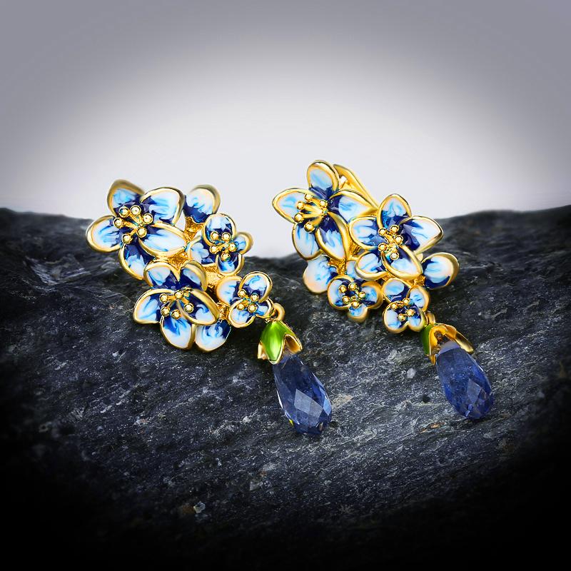 Silver Elegant And Exquisite Blue Floral Blue Drop Earrings Female Wedding Engagement Party Jewelry Gift