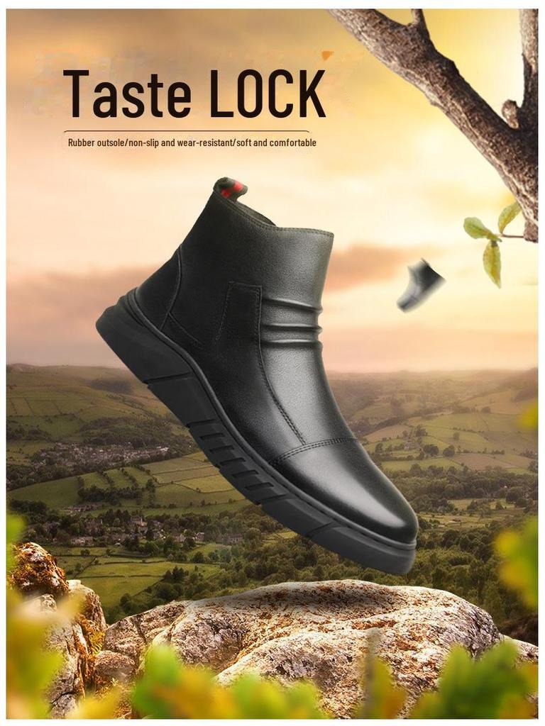 Men's Mid-Top Martin Boots with Soft Leather and Velvet-Lined, Zippered Autumn/Winter Casual Shoes