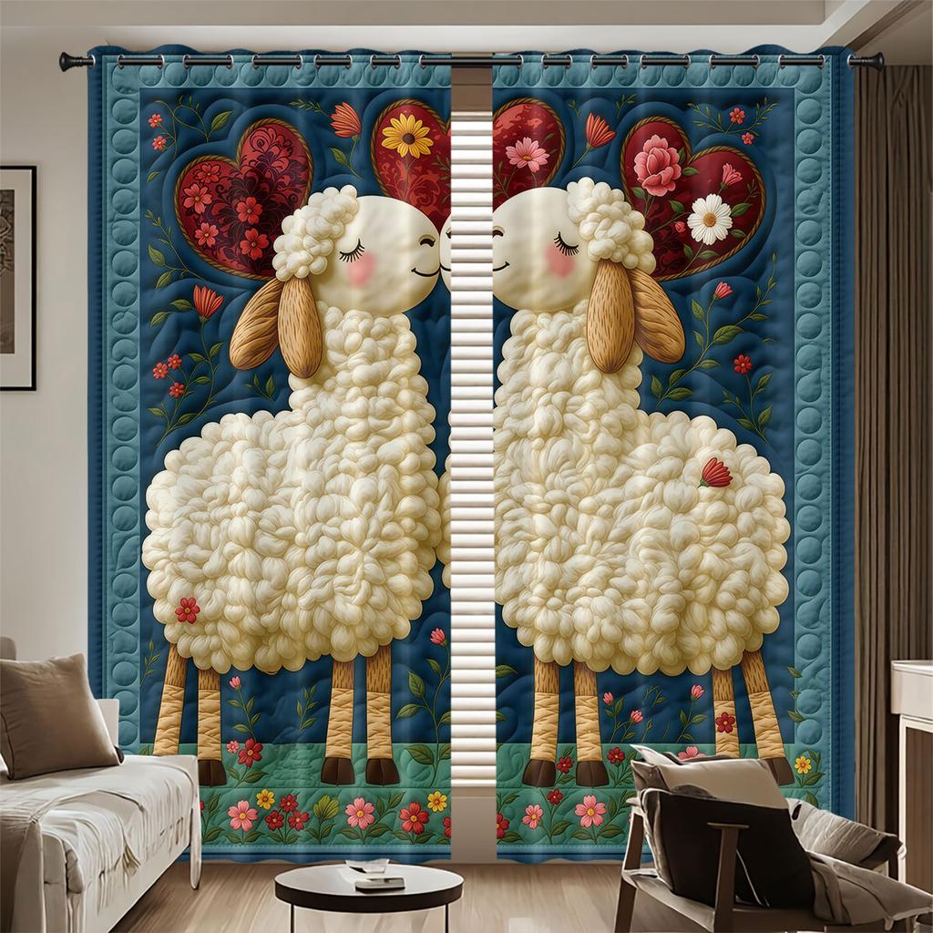 2pcs Cute Cartoon Sheep Print Perforated Blackout Curtains In Multiple Sizes For Living Room And Bedroom Insulation Decoration