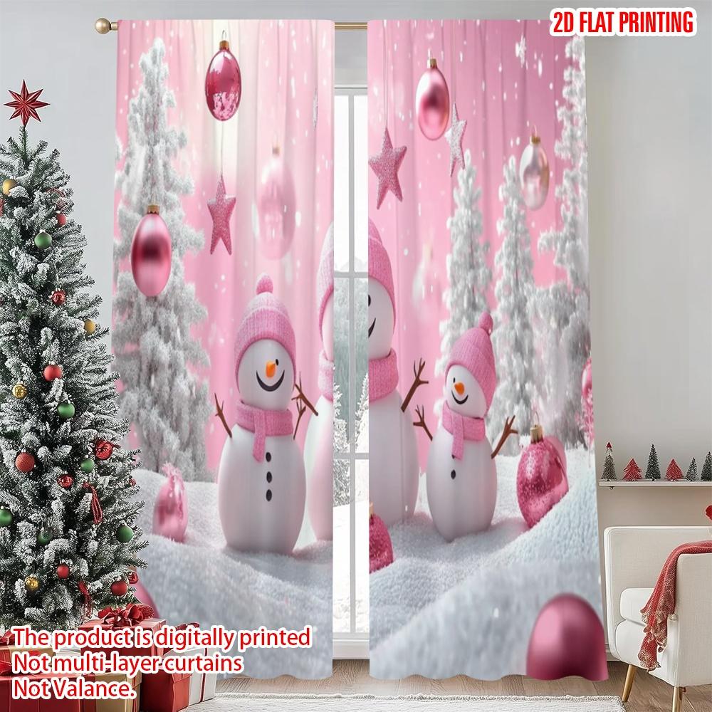 

Set Of 2 Flat Printing Christmas Curtain Pink White Winter Polyester Fabric Without Electricity Party Decorations Use Made W100*H70(CM)-Grommet top&2PCS