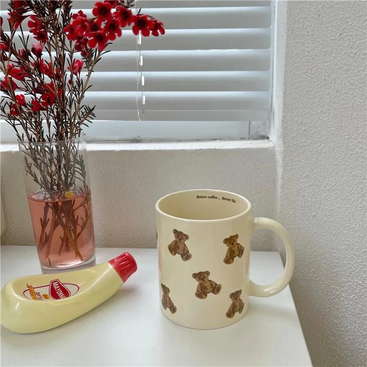 Korean Modern Ins Mugs Coffee Cups Solid Color Cartoon Teddy Bear Ceramic Bread Milk Cup Coffee Table Desktop Drinking Utensils