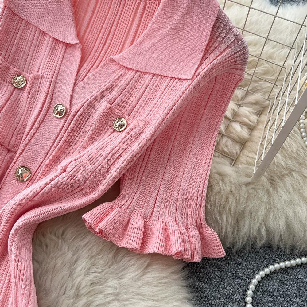 Summer Autumn Pink Button-Down Short Sleeve Short Knit Dress for Women Elegant Turn Down Collar Single-breasted Ruffles Slim Sweater Dresses