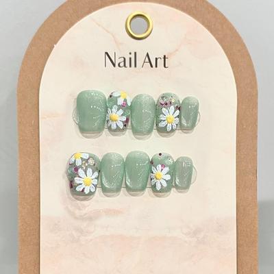 HANDMADE Artificial Nail Green Glass Bead Cat Eye Oil Painting Flower Short Style Fake Nail Set With Glue Reusable and Removable Press On Nails