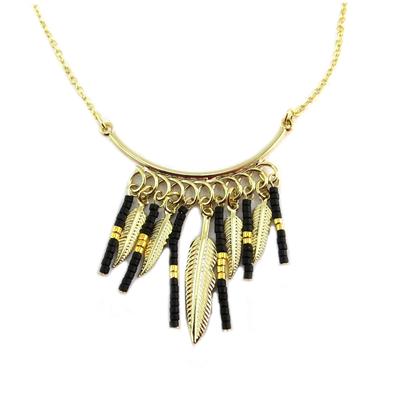 [Q6244] - Handgefertigtes 'Boho'-Collier schwarz-golden (Federn) - 40x35 mm