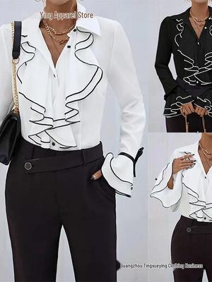 2026 European & American Women's Solid Color Ruffle Flare Sleeve Shirt