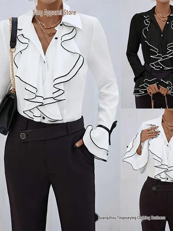 2026 European & American Women's Solid Color Ruffle Flare Sleeve Shirt