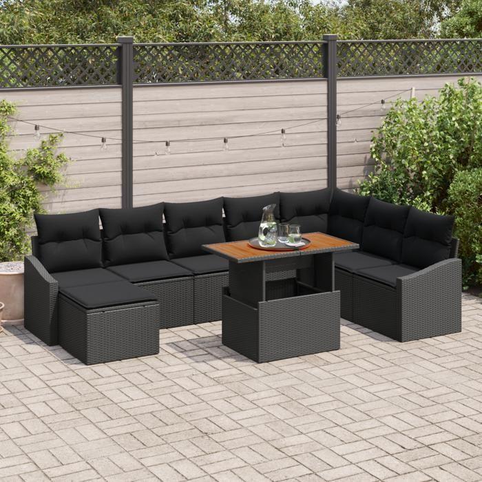 VidaXL Ensemble de salle à manger de jardin en 9 pièces avec coussins en poly rattan noir et acacia 3349876