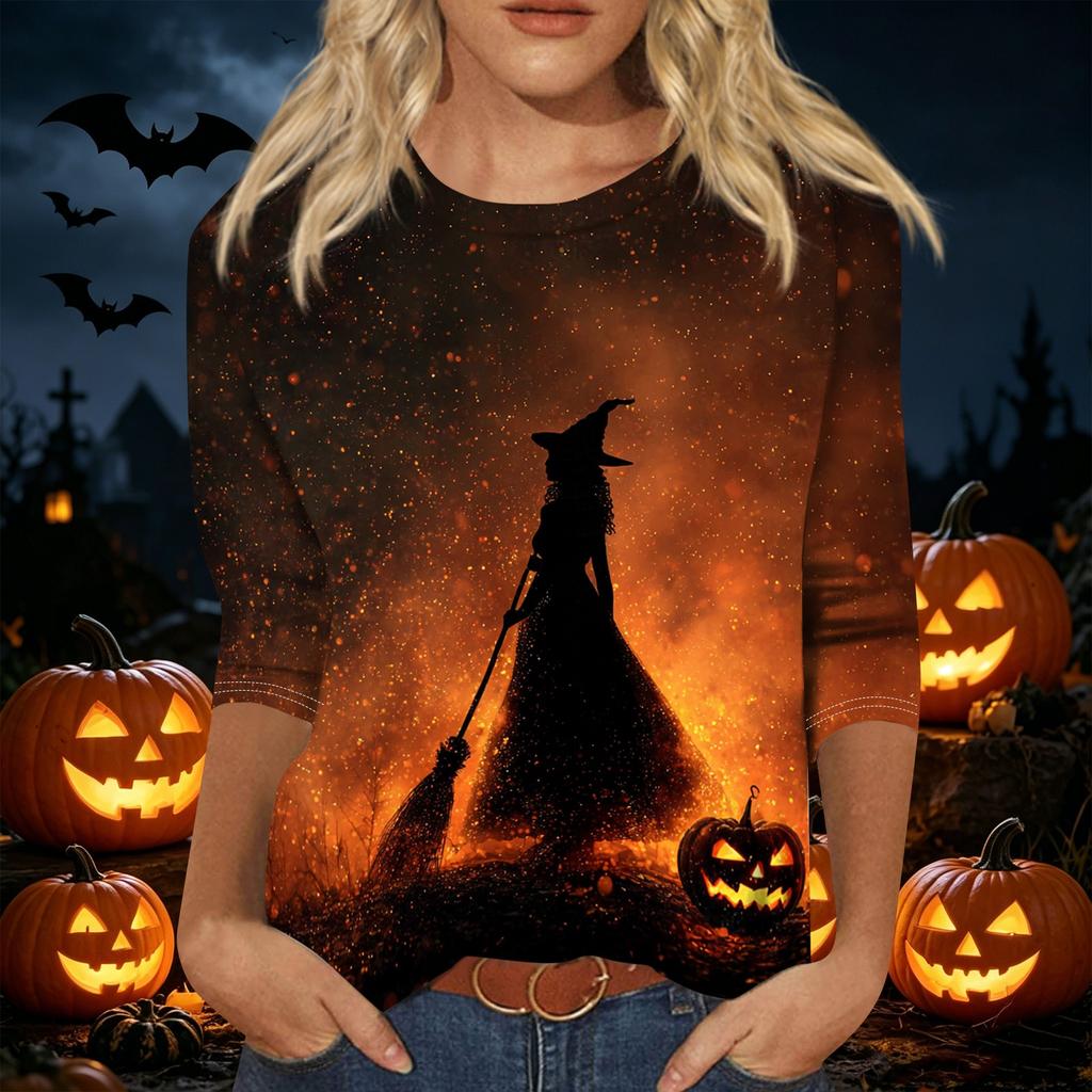 Women's Halloween Print 3/4 Sleeve Shirt Round Neck Loose Casual Top T-Shirt Suitable for Everyday Wear and Seasonal Events