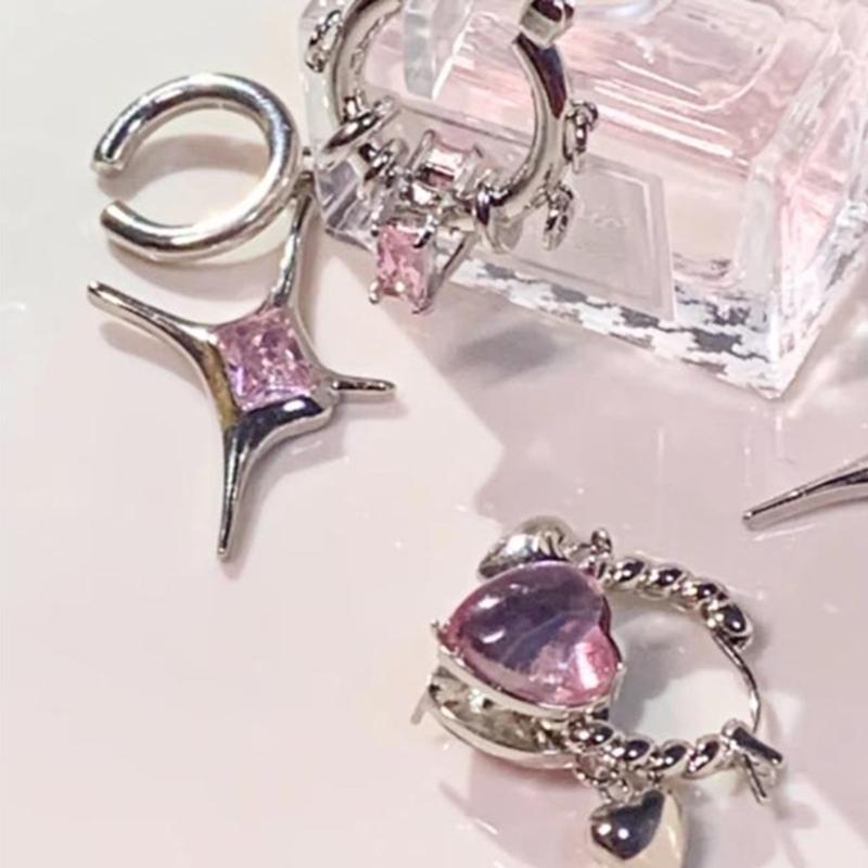 Y2K Pink Crystal Heart-Shaped Ear Buckle for Women Rectangular Asymmetrical Metal Circle Pendant Women's Banquet Elegent Earring