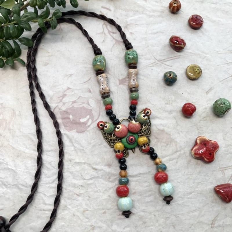 New Forest handmade ceramic necklace, women's retro versatile sweater chain simple long accessories pendant