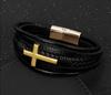 Braided Leather Bracelet with a Gold Cross 19cm