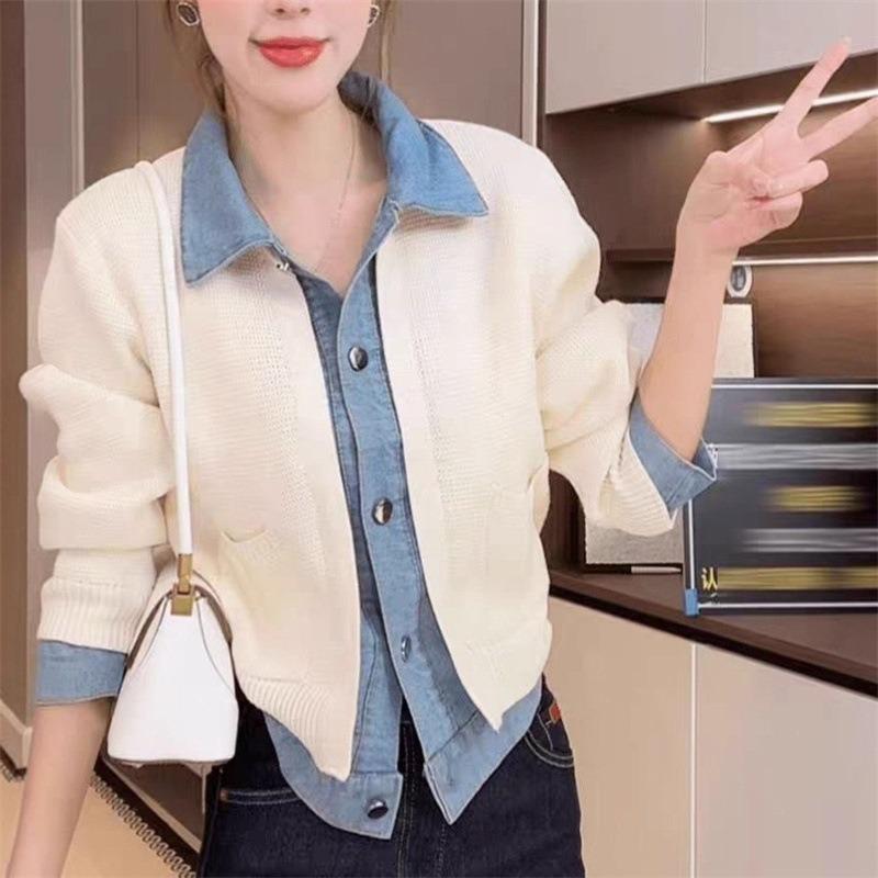 2025 autumn new splicing fake two-piece striped sweater knitted sweater women's versatile meat-covering and thin cardigan jacket