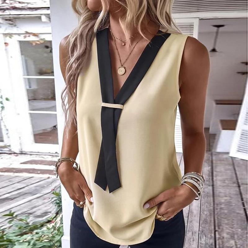 Casualowa bluzka bez rękawów koszula damska biurowe topy damskie lato V Neck damskie eleganckie bluzki jednolita, luźna odzież Blusas 25677