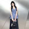 Korean retro blue plaid sleeveless neck sling vest women's summer new waist design niche top