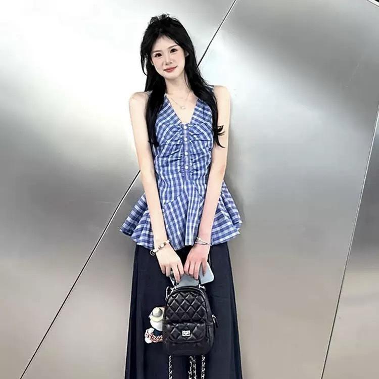 Korean retro blue plaid sleeveless neck sling vest women's summer new waist design niche top