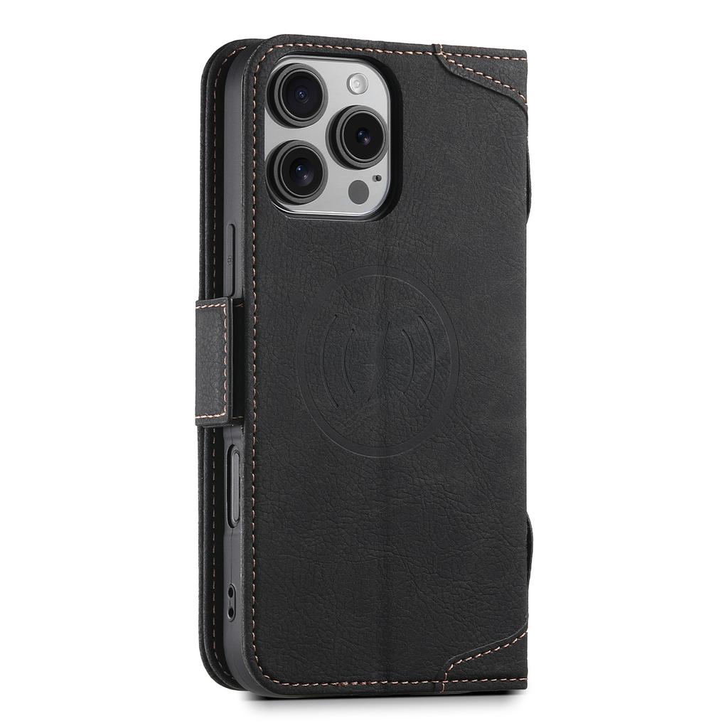 SUTENI J07 For iPhone 16 Pro Max Case Compatible with MagSafe Litchi Texture Leather Wallet Phone Cover