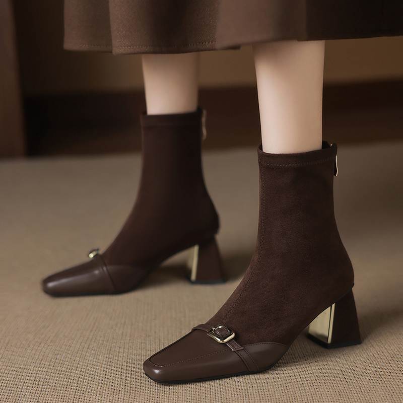 Krazing Pot Flock Cow Skin Square Toe Thick Heels Chelsea Boots Size 42 Beauty Lady Women Metal Buckle Ankle Boots