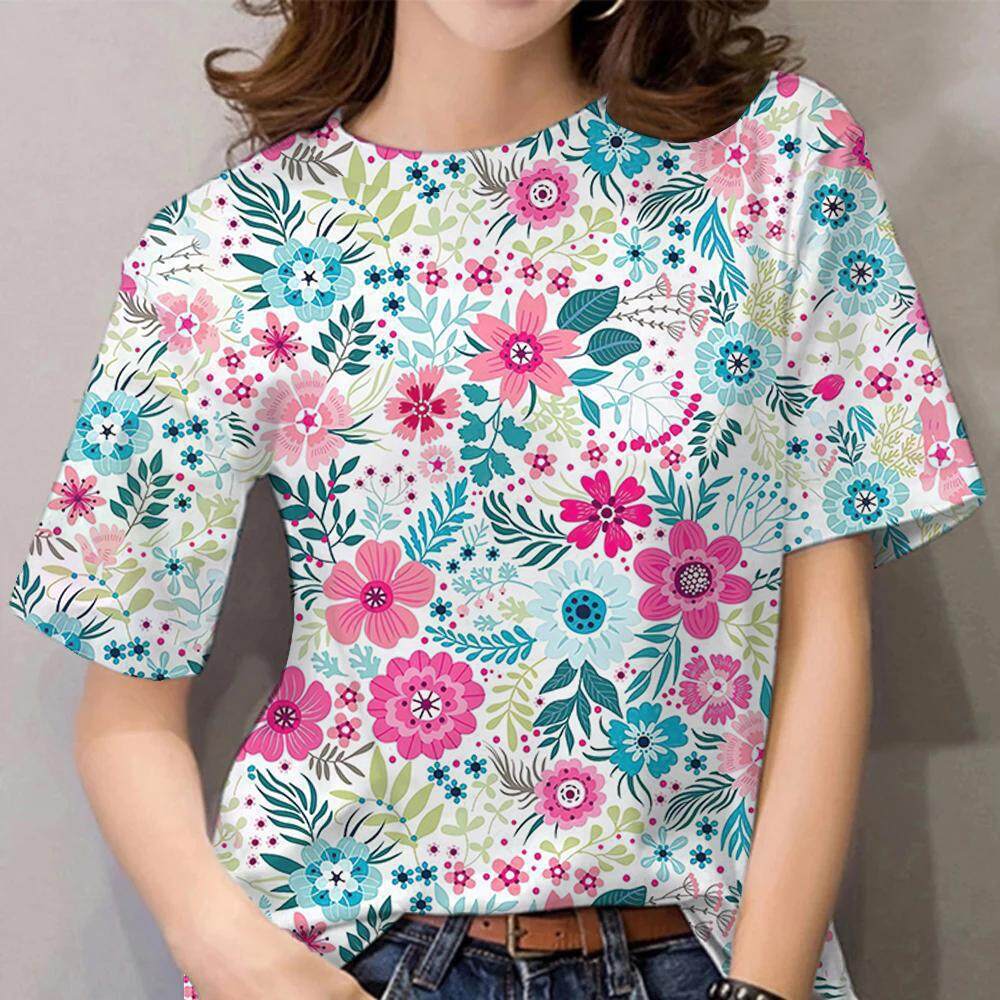 Letní dámské tričko s kulatým výstřihem, květinovým vzorem a 3D potiskem, módní, ležérní, s krátkým rukávem