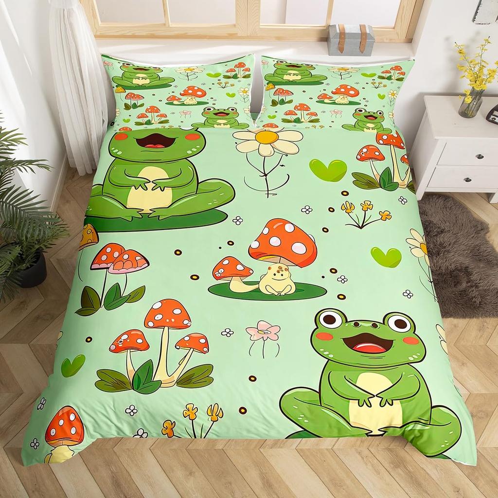 Cartoon Mushroom Frog Duvet Cover Twin Size,Cute Kawaii Green Animal Comforter Cover Maple Leaves Hazelnut Plant Quilt Cover