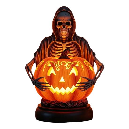 Halloween Pumpkin Light Resin Skeleton Ghost Witch Pumpkin Lantern Gothic Curved Pumpkin Night Light for Home Tabletop Desk Decor