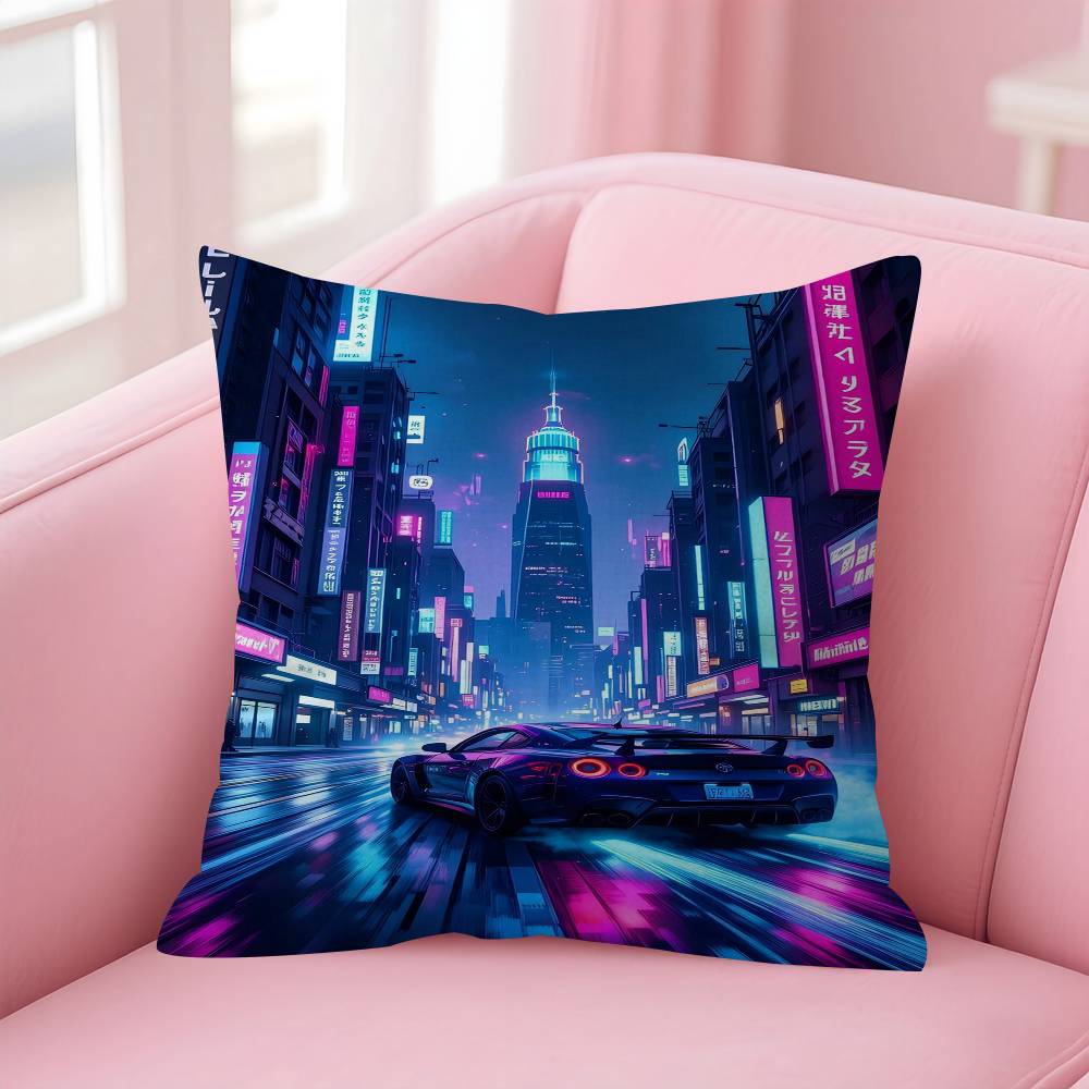 Neon Night City Landscape 80S Cyberpunk Car Cushion Cover 30X50 Polyester Sofa Cushions Throw Pillow Home Decoration Pillowcover