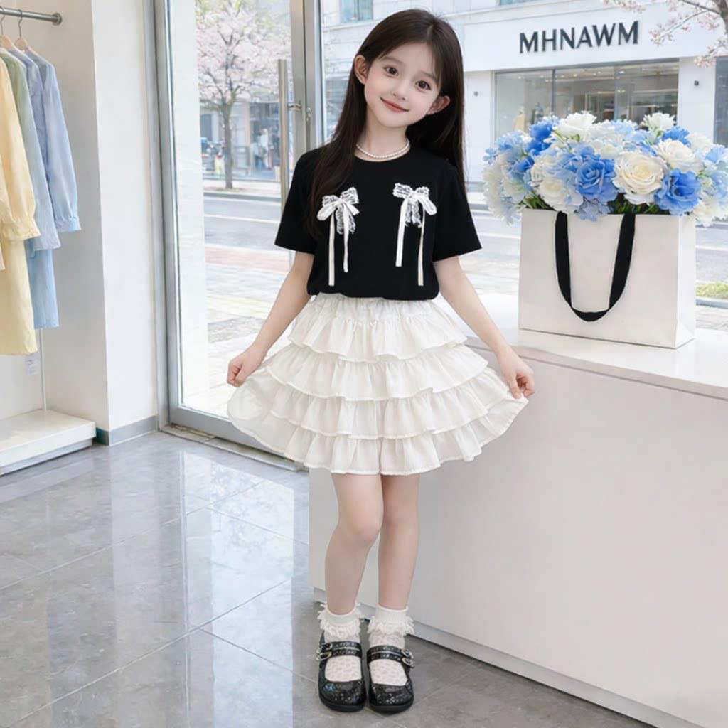 Completo estivo a due pezzi per bambina in stile coreano con fiocco - Dolce e alla moda Outfit con gonna a torta