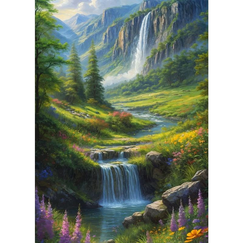 Peisaj Natural Pădure Floare Colibă Pârâu Cascadă Copaci Vedere Munte Poster Pictură pe Pânză Artă de Perete Imagini Decor Acasă