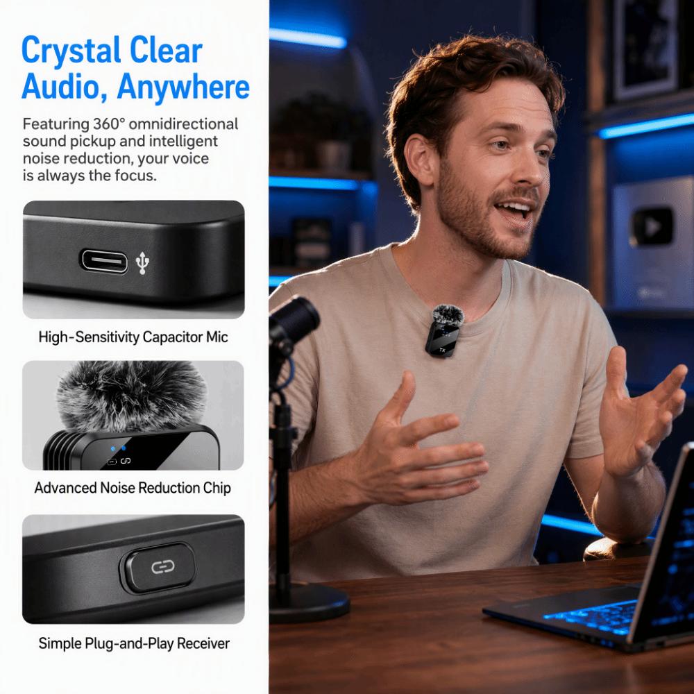 Mini Wireless Microphone Noise Cancellation Lapel Microphone Clip-On Microphone Travel