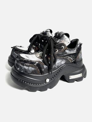 Damen Punk Stil Lederschuhe Schnürschuhe Absatzhöhe 8CM Plateau Damen Gothic Stiefeletten PU Bikerstiefel Dicke Sohle Sneakers