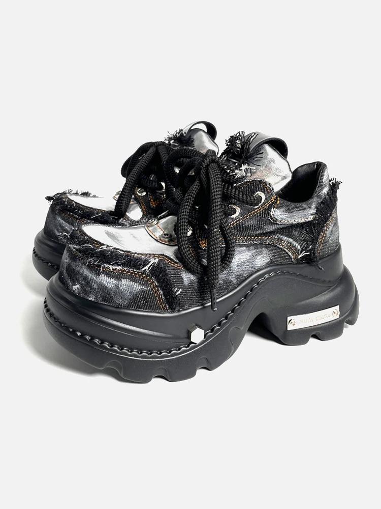 Fashion Women's Punk Style Leather Shoes Lace-up Heel Height 8CM Platform Female Gothic Ankle Boots PU Biker Boots Thick Bottom Sneakers