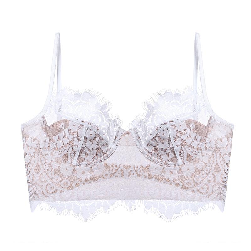 

French lace bra sexy underwear women s new soft steel ring gathers big breasts and small thin U-shaped halter bra S білий
