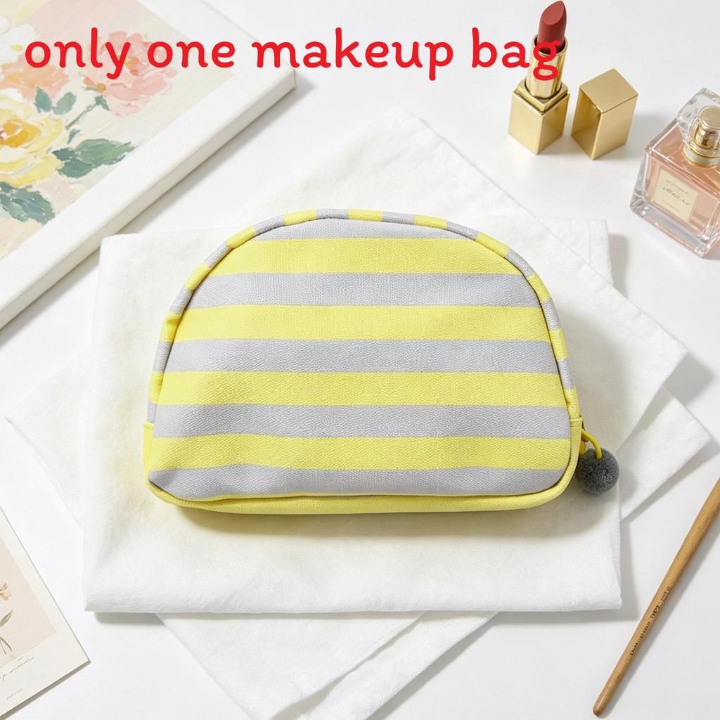 Canvas Striped Half Moon Makeup Bag With Zipper For Travel And Home Storage