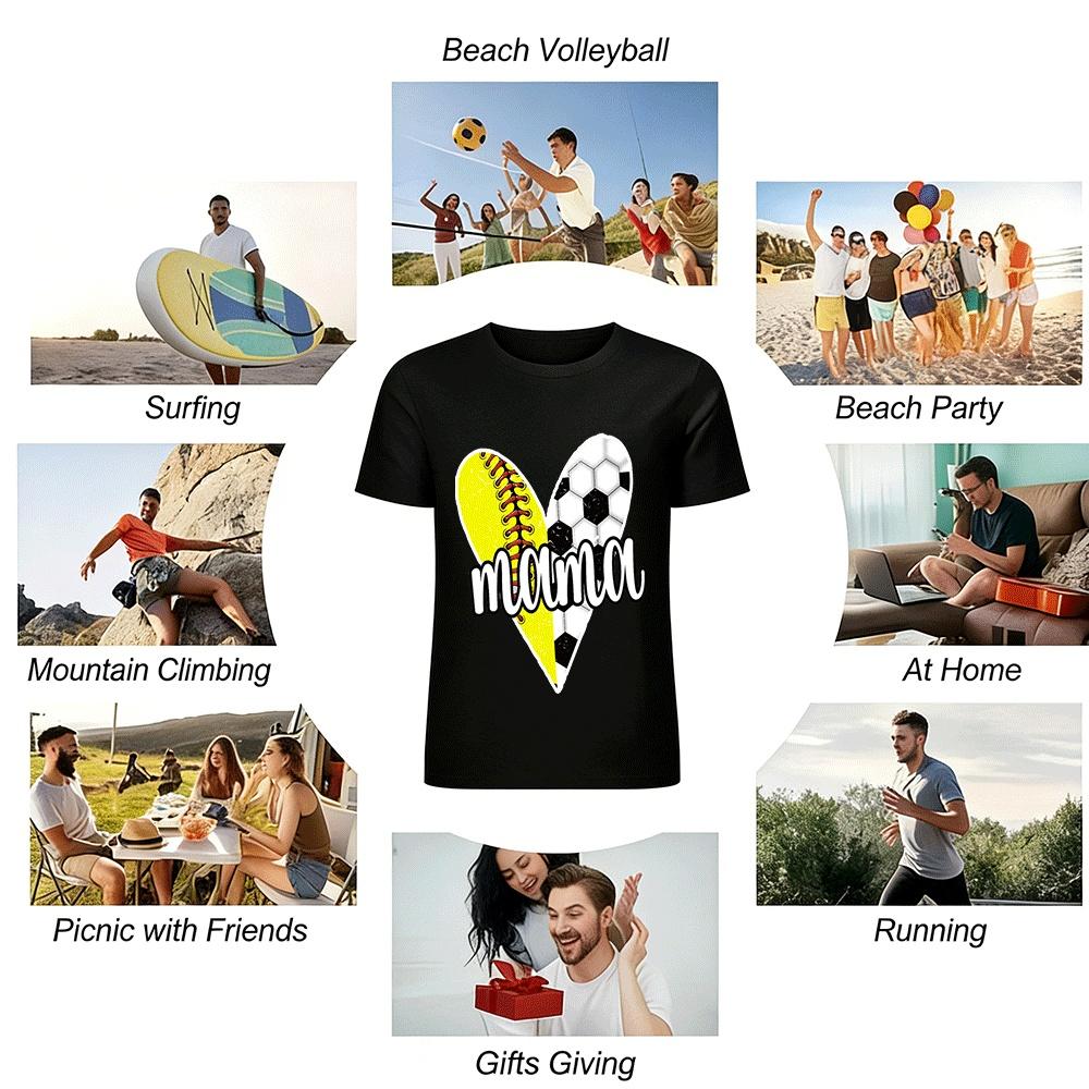 Heart Print Softball Soccer Mom Shirt Casual Sports Fan Top Pure cotton T-shirt