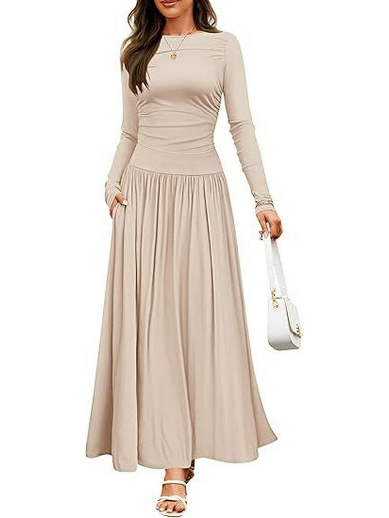 2025 Cross-border Women's Round Neck Pleated Pocket Slim Fit Long Sleeve Knit Dress