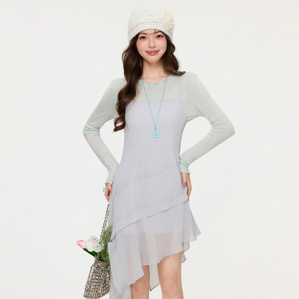 Gray Irregular Sling Vest Dress 2026 Spring and Summer New Outer Wear Stacked Sleeveless Medium and Long Vest Skirt