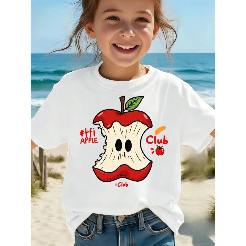 Girls Crew Neck Short Sleeve T-Shirt with Cartoon Apple Core Print 110 белый