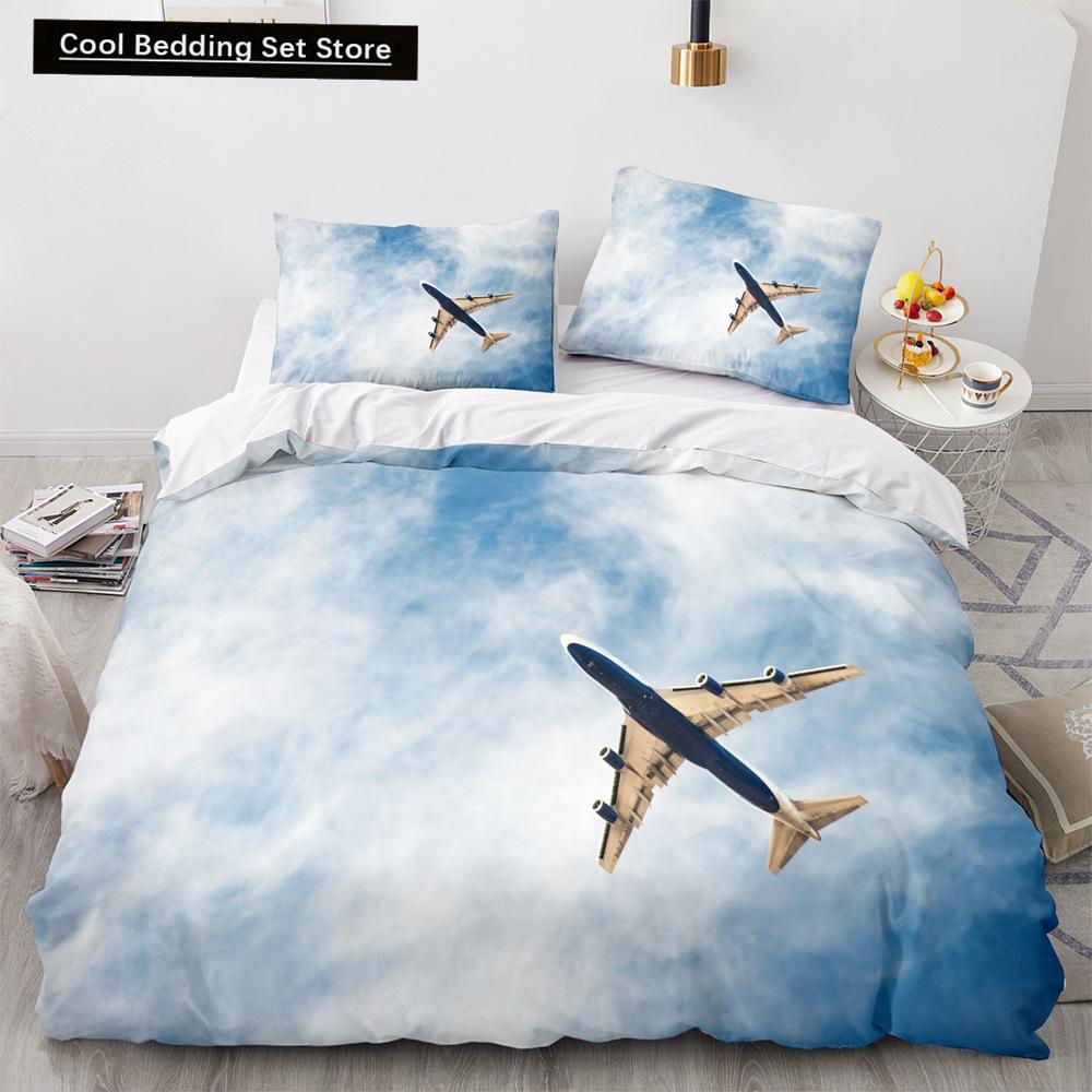 Airplane King Queen Full Duvet Cover Vintage Fighter Bedding Set for Kids Teens Adults Sky Clouds Grey 2/3pcs Soft Quilt Cover