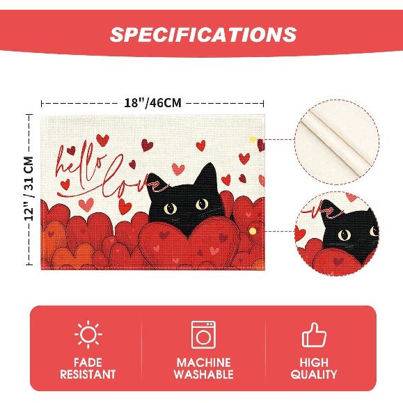 Artoid Mode Hello Love Heart Cat Valentine Placemats Set of 4, 12x18 Inch Wedding Anniversary Table Mats for Party Kitchen Dining Decoration