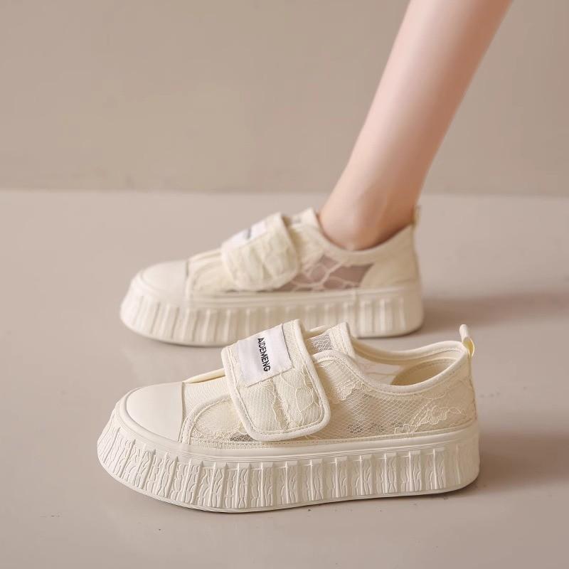 Canvas Shoes Women's New Summer Breathable Mesh Lace One-pedal Mesh Shoes Platform White Shoes Casual Board Shoes