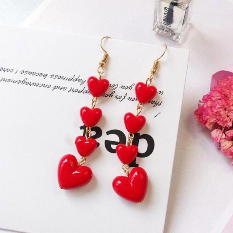 Red Heart Long Tassel Earrings Sweet Drop Dangle Earrings Party Jewelry Fashion Piercing Earrings Comfortable to Wear