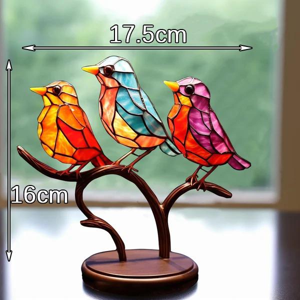 Stained Birds On Branch Desktop Ornaments Home Accessories Home Decor Glass Bird Sculpture Table Accent Colored Figurine Metal