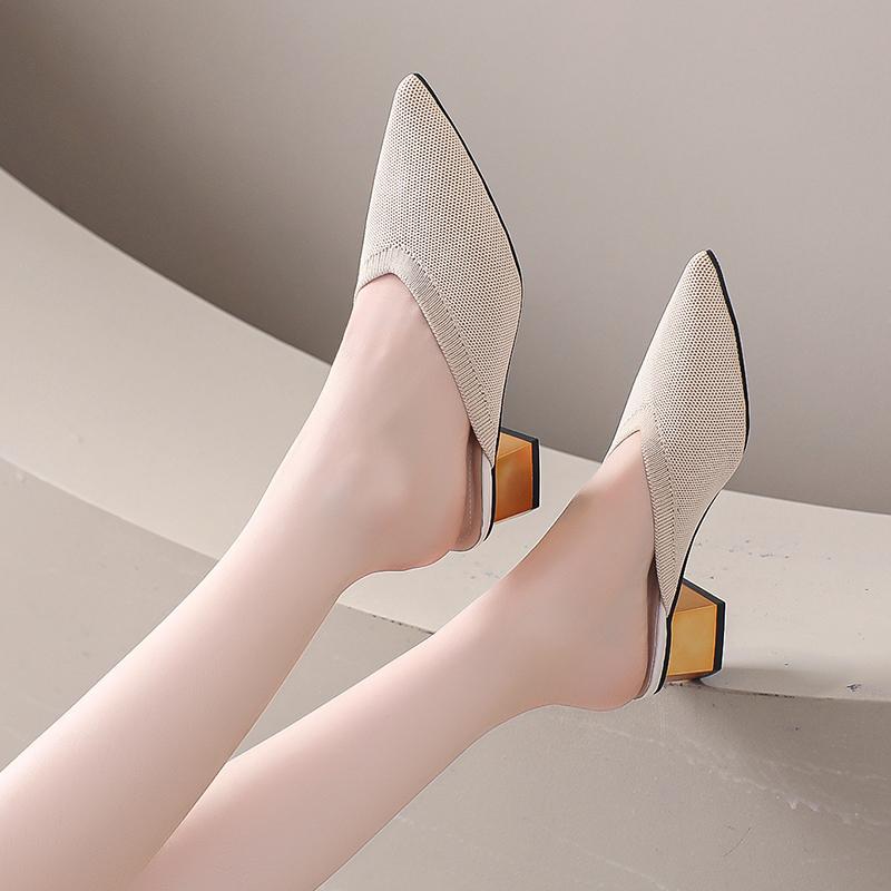 Fashion 2025Summer Women's Knitted Slider Mule New Elegant Mesh Breathable Shoe Slipper Closed Toe Slider Shoes Splice Solid Color