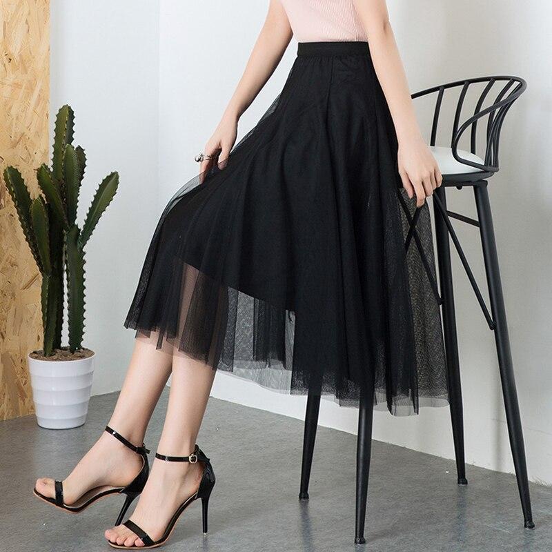 Qooth Sladká tylová síťovaná sukně ke kolenům Dámská elastický pas Pohádková plisovaná sukně Jednoduchá ležérní QT2221