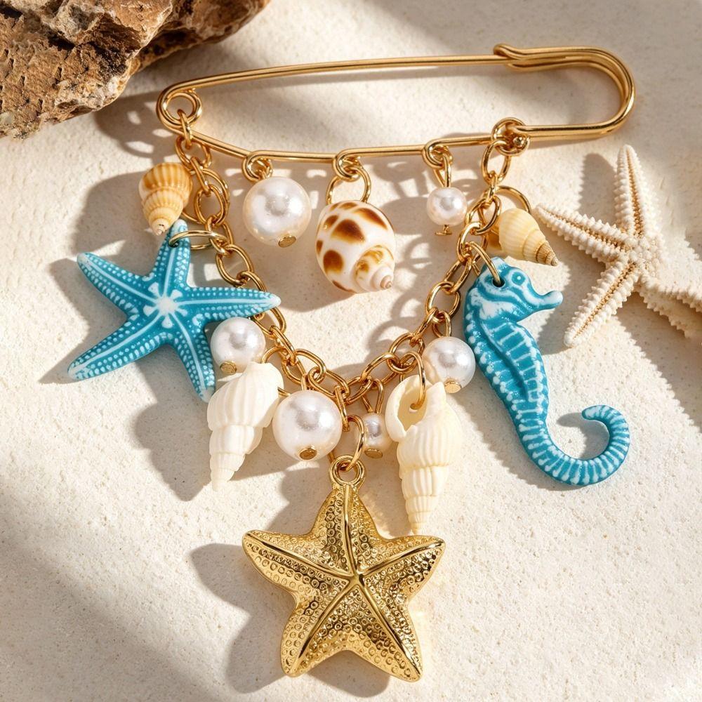 Gold Color Shell Pendant Brooch Metal Chain Tassel Starfish Brooch Pin  Beach Vacation