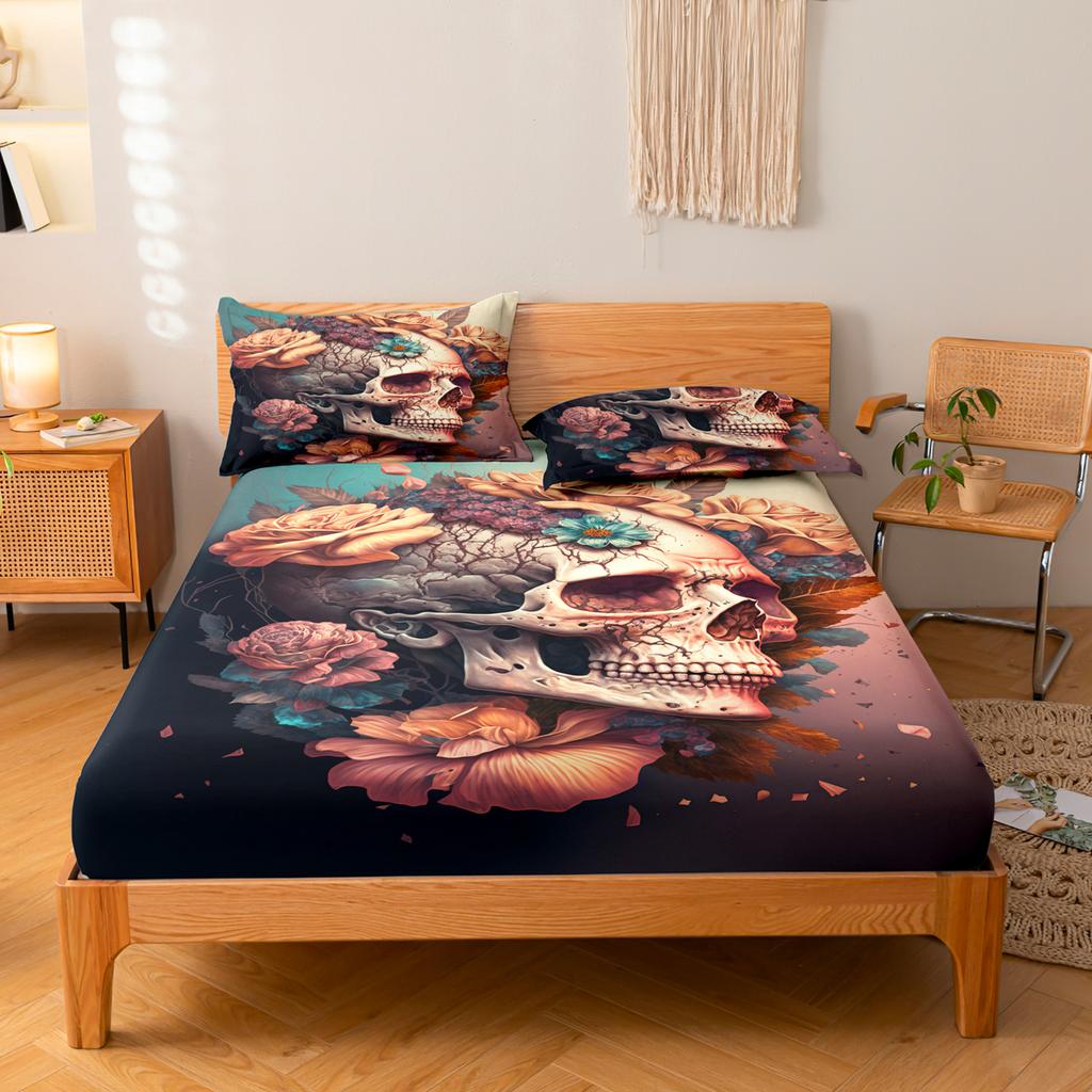 3-Piece Simple Modern Skull Animal Pattern Digital Printing Three Piece Fitted Sheet Set, Bedroom Printed Bed Cover Set, Bedding