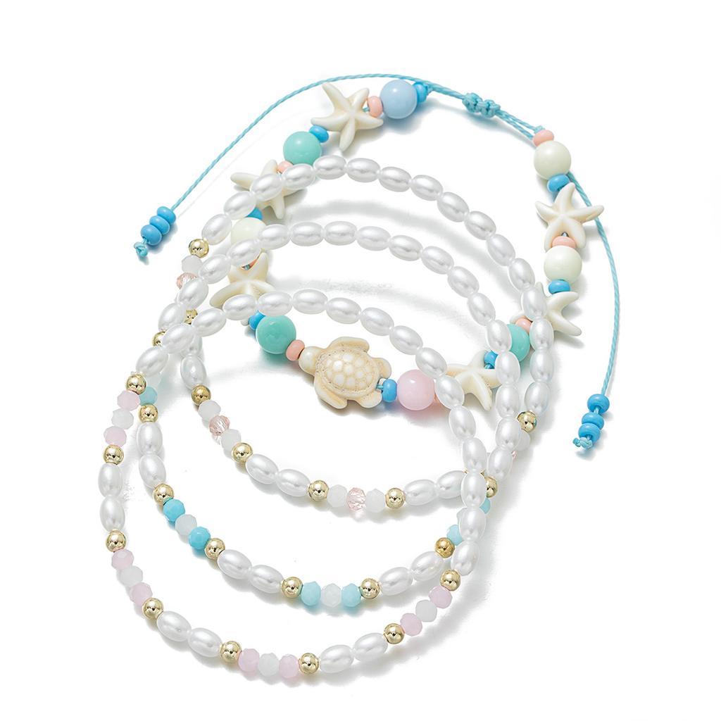 Bohemian Style Four-Layer Stacked Anklet, Imitation Pearl Ocean Element Turtle & Starfish Beach Ankle Chain