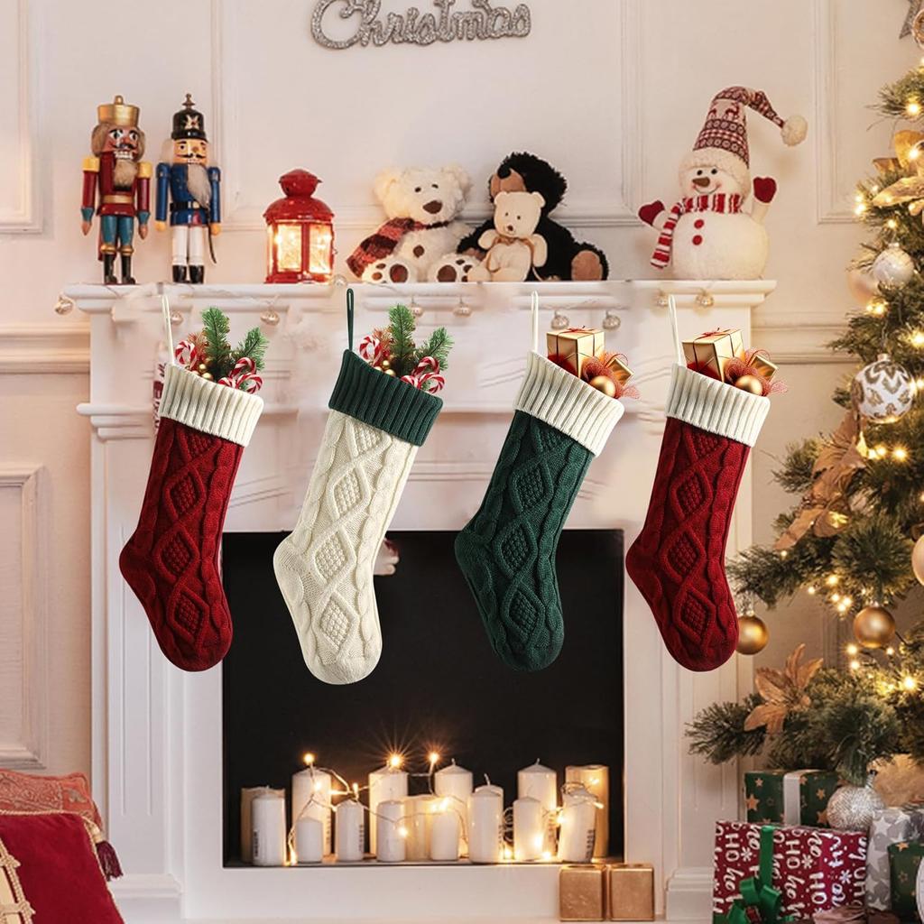 Meioro 18Inches Large Christmas Stockings, Large Cable Knitted Xmas Stocking, Color-Contrast Christmas Stocking for Fireplace Family Holiday Party