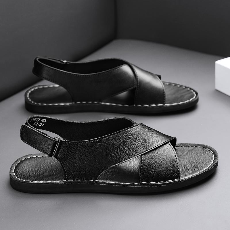 Fashion Vintage Style Summer Men's Sandals Genuine Leather Male Casual Shoes Outdoor Men Open-toe Beach Shoes Leisure Walk Roman Flats
