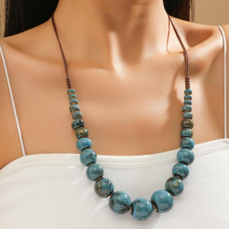 Big Vintage Ceramic Beaded Necklace For Women Handmade Long Adjustable Boho Ethnic Style Jewelry